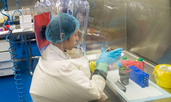 Một nhà nghiên cứu đang làm việc trong phòng thí nghiệm tại Viện Virus học Vũ Hán, hồi tháng 2/2017