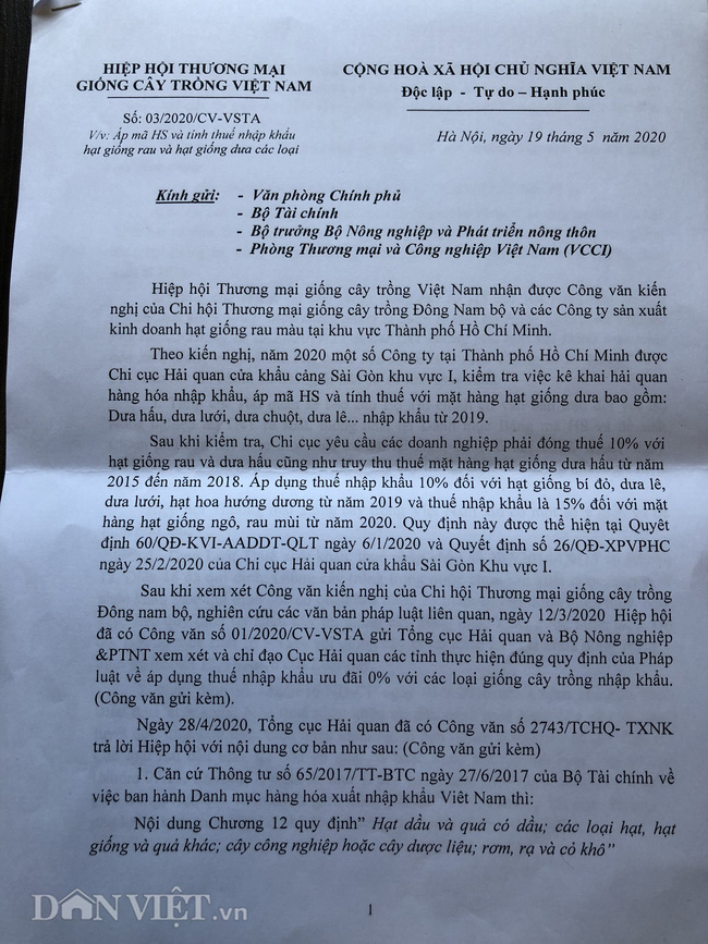 Hiệp hội thương mại giống cây trồng Việt Nam phải gửi đơn kêu cứu các bộ, ngành trung ương.