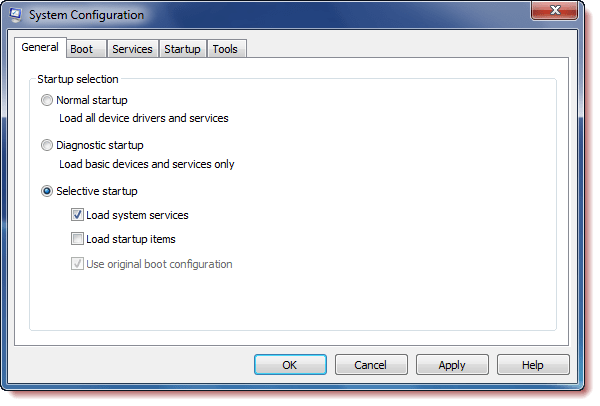 cửa sổ System Configuration Utility