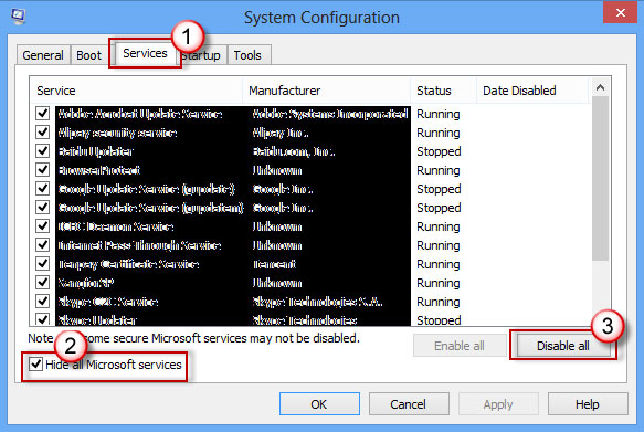 Chọn Services > Hide all Microsoft services > Disable all