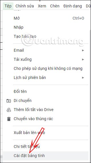 Cài đặt bảng tính