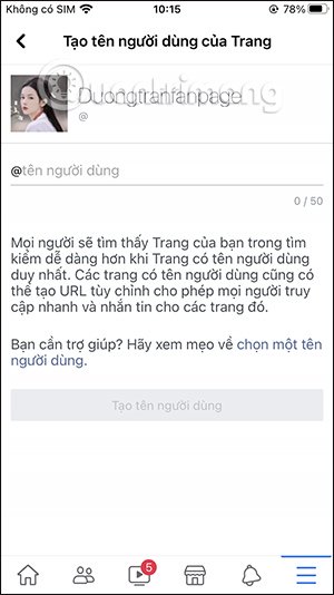 Nhập tên người dùng Fanpage 
