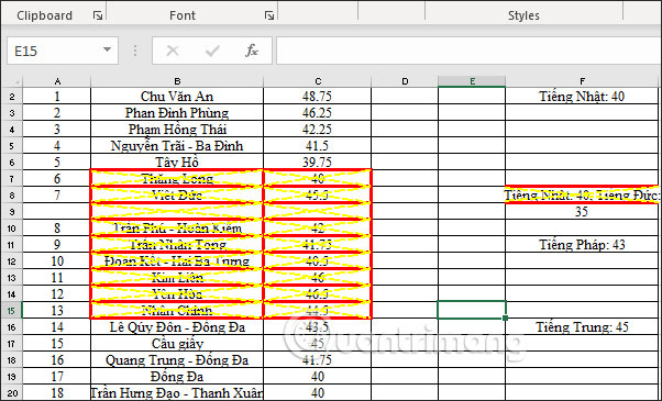 Sử dụng đường viền ô trong Excel 