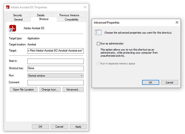 Chạy Adobe Acrobat với quyền admin