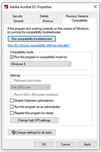 Chạy Adobe Acrobat ở Compatibility Mode