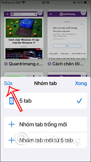 Sửa tab đang mở Safari