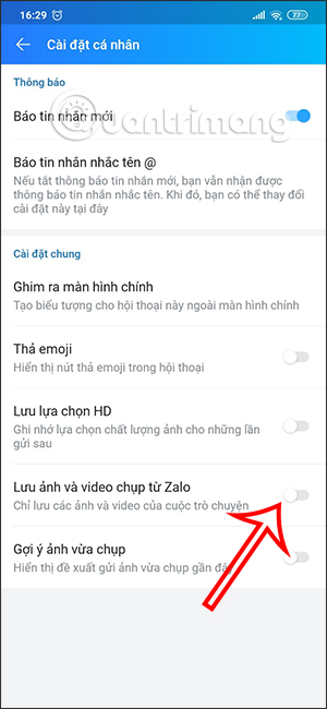 Tắt lưu ảnh và video chụp từ Zalo