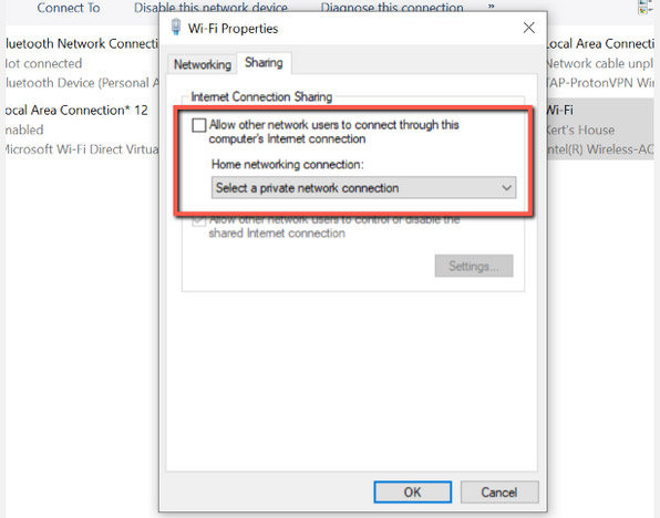 Bỏ chọn tùy chọn có nội dung Allow other network users to connect through this computer’s internet connection