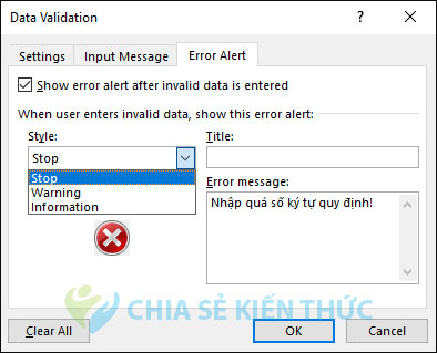 Cảnh báo giới hạn cho ô trong Excel