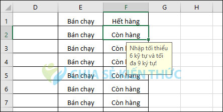 Thông báo cho ô trong Excel