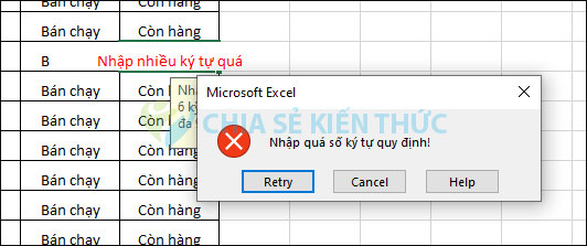 Thông báo vượt quá ký tự cho ô trong Excel