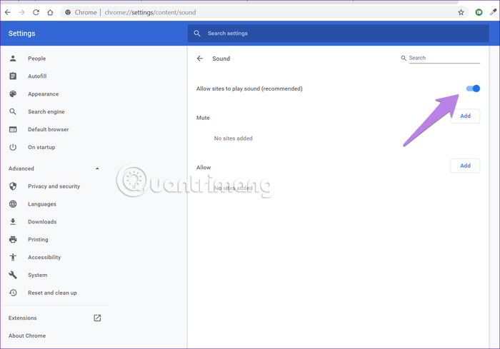 Bật Allow sites to play sound (recommended)