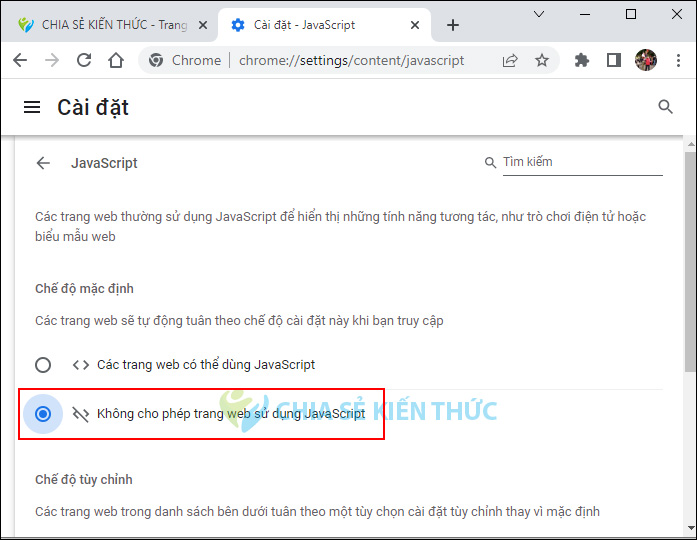 Sử dụng tùy chọn để bật/tắt Javascript trong Chrome