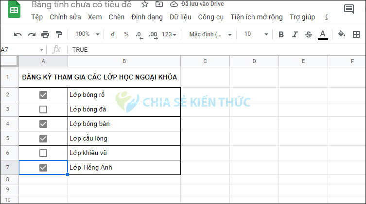 Google Sheets chèn tick box