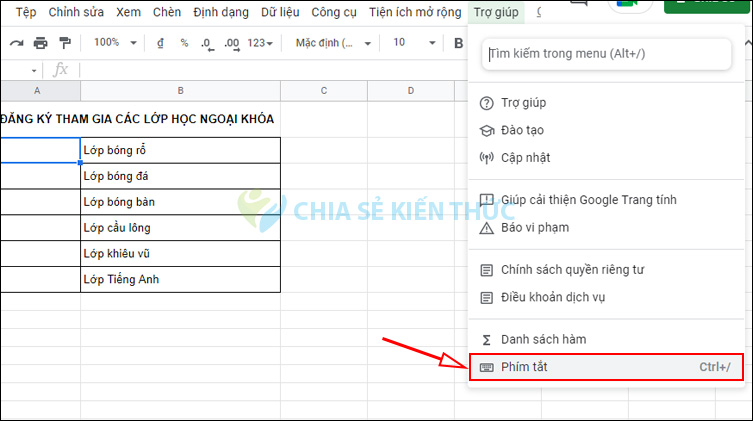 Bật phím tắt trong bảng Google Sheets