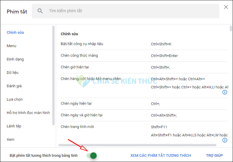 Phím tắt trong bảng Google Sheets