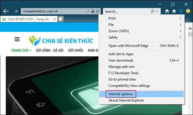 Mở Internet Options trong Internet Explorer