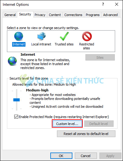 Click chọn vào nút Custom Level... trong tab Security