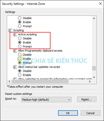 Lựa chọn Disable, Enable hoặc Prompt trong Active Scripting để tắt, bật JavaScript trong Internet Explorer