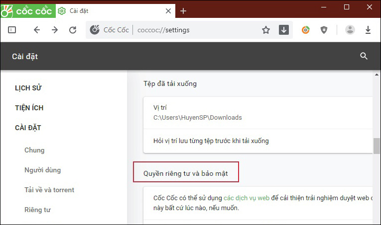 Tìm mục Quyền riêng tư và bảo mật trong Cốc Cốc