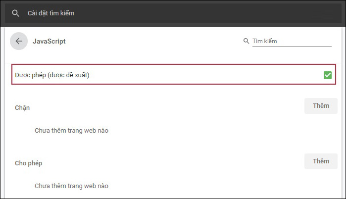 Sử dụng tùy chọn Được phép (Được đề xuất) để bật/tắt Javascript trong Cốc Cốc