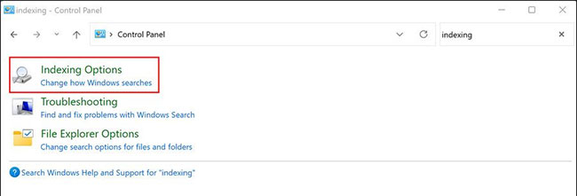 Nhấp vào Indexing Options