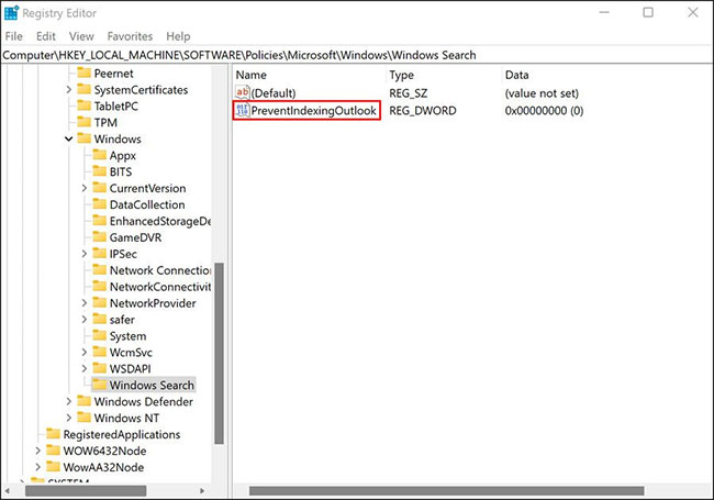 Đổi tên giá trị này thành PreventIndexingOutlook