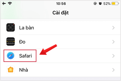 Chọn Safari trong Cài đặt iOS