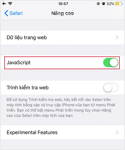 Sử dụng tùy chọn Javascript  để bật/tắt Javascript trong Safari