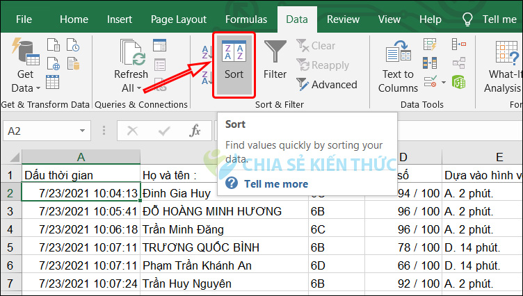Chọn công cụ Sort trên Excel