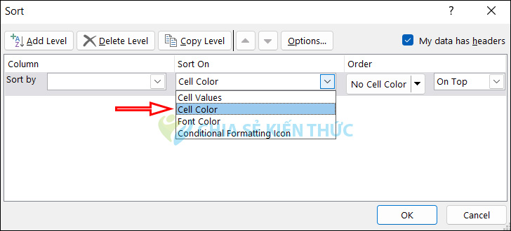 Chọn kiểu màu sắp xếp trong Excel