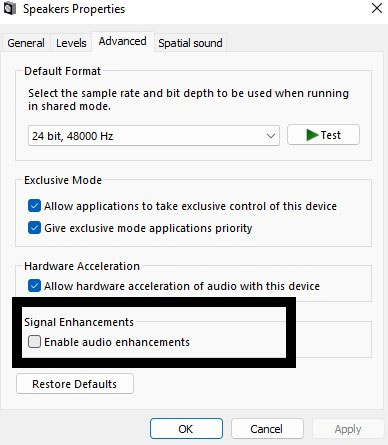 Kích hoạt tùy chọn Enable audio enhancements