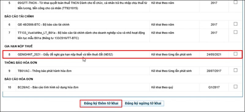 Chọn tờ khai thuế gia hạn