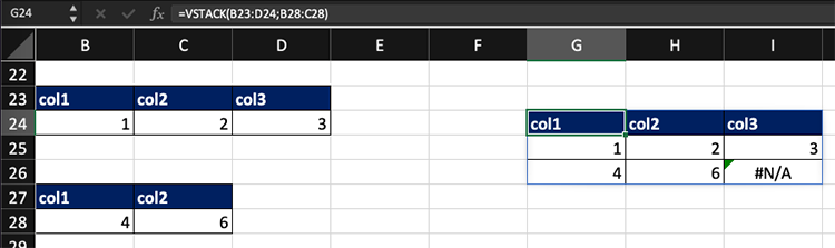 Kết quả của hàm vstack trong Excel