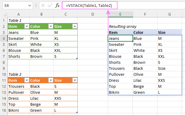 Gộp bảng (table) trong Excel với VSTACK HSTACK