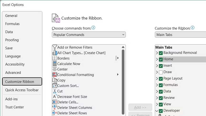 Main Tab trong Excel