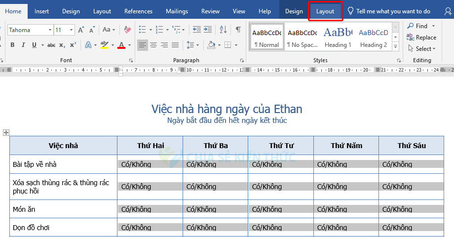 Nhấn chọn Layout 