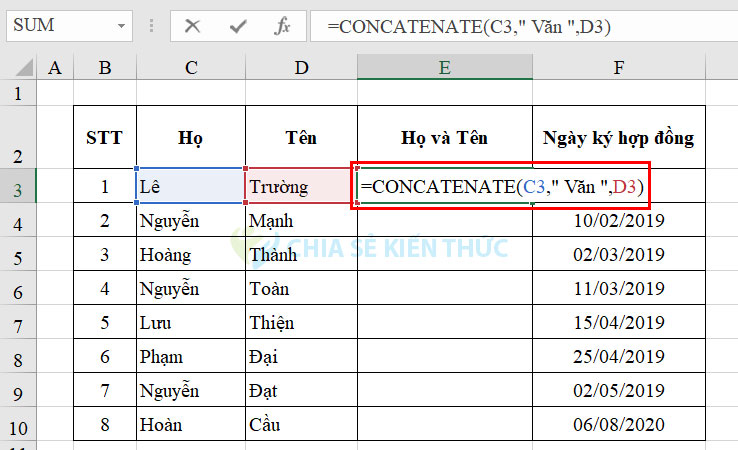 Công thức nối các chuỗi kí tự có thêm kí tự văn bản