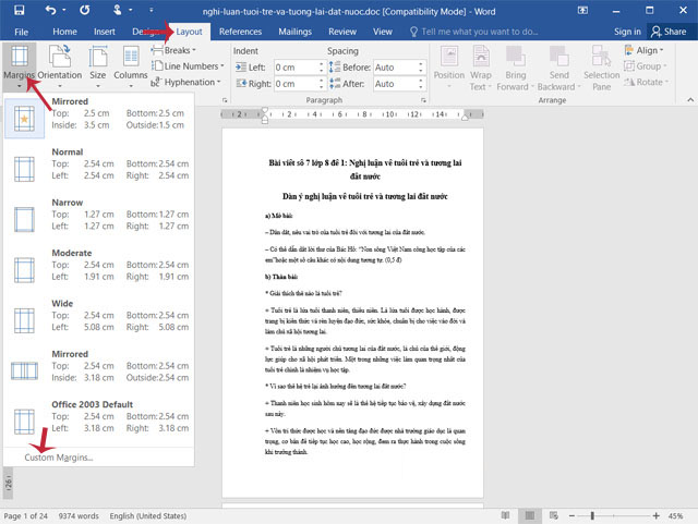 Nhấn Custom Margins