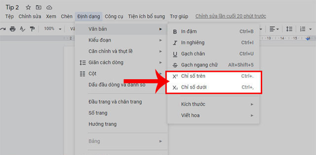 Click chuột vào mục Chỉ số trên hoặc Chỉ số dưới