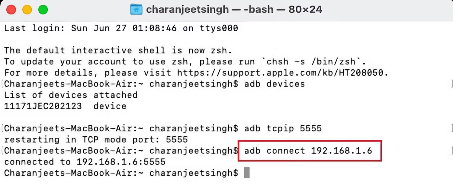 Địa chỉ IP sử dụng kết nối ADB