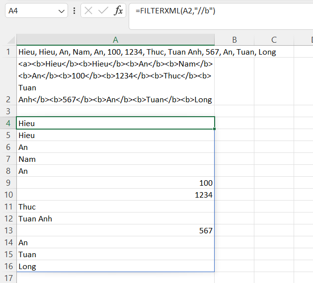 Tách chuỗi với hàm FILTERXML