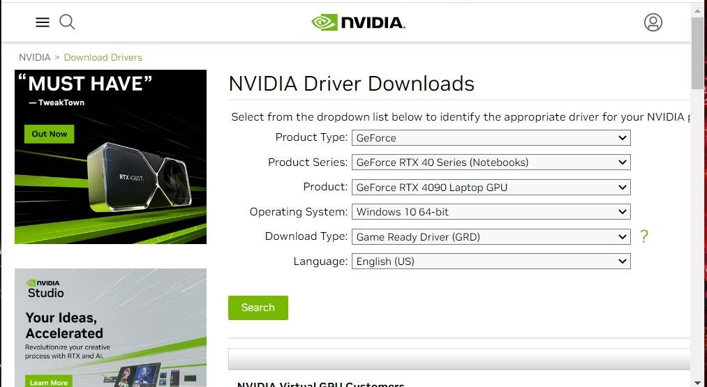 Trang tải xuống driver đồ họa NVIDIA