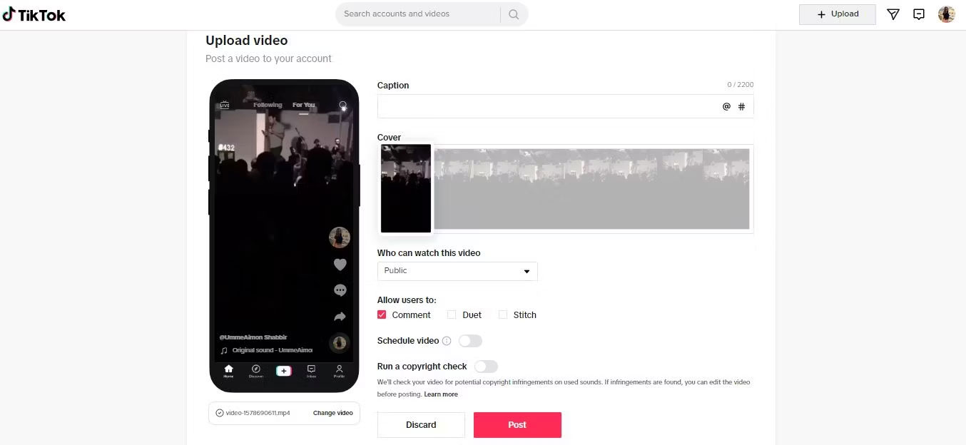 Đăng video trên trang web TikTok