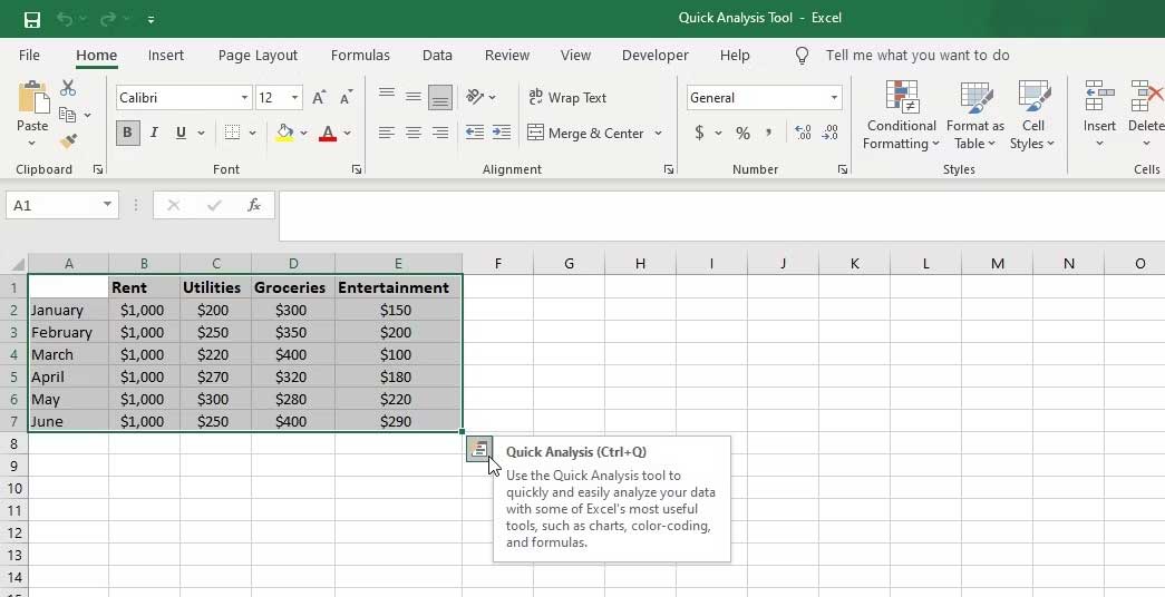 Ví dụ về cách dùng Quick Analysis trong Excel