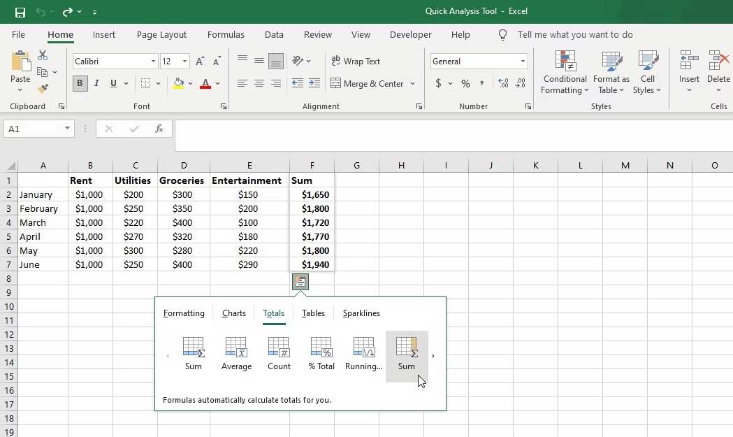 Ví dụ về cách dùng Quick Analysis trong Excel