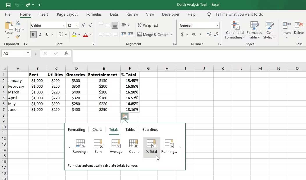 Ví dụ về cách dùng Quick Analysis trong Excel