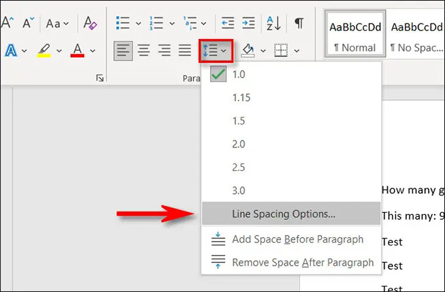 Nhấp vào “Line Spacing Options”