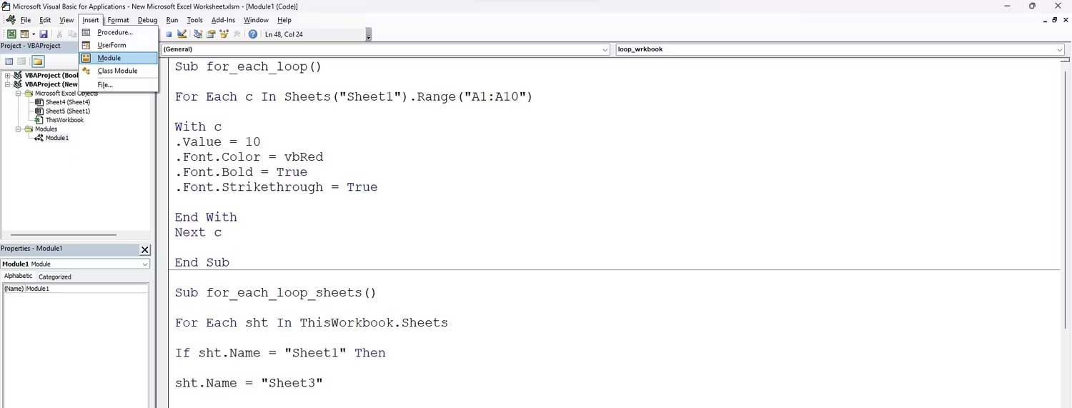 Cách dùng vòng lặp for each trong Excel VBA: Chèn một mô đun