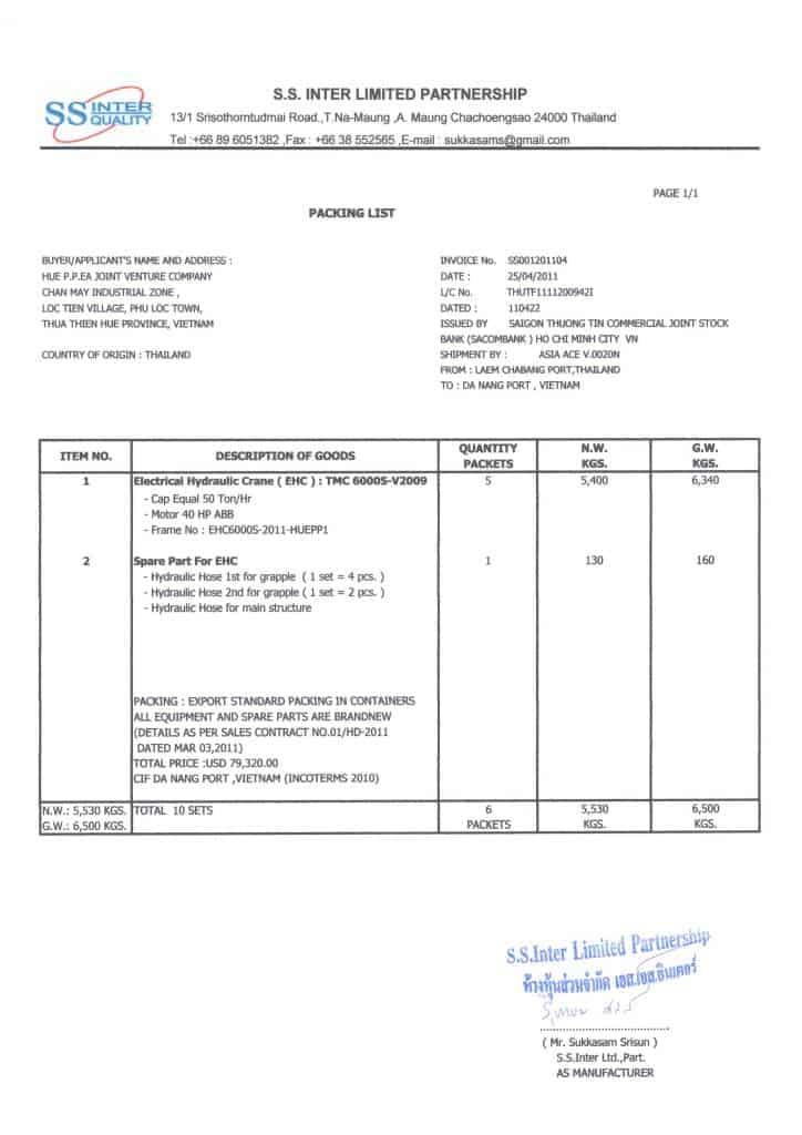 Mẫu Packing list chuẩn 1